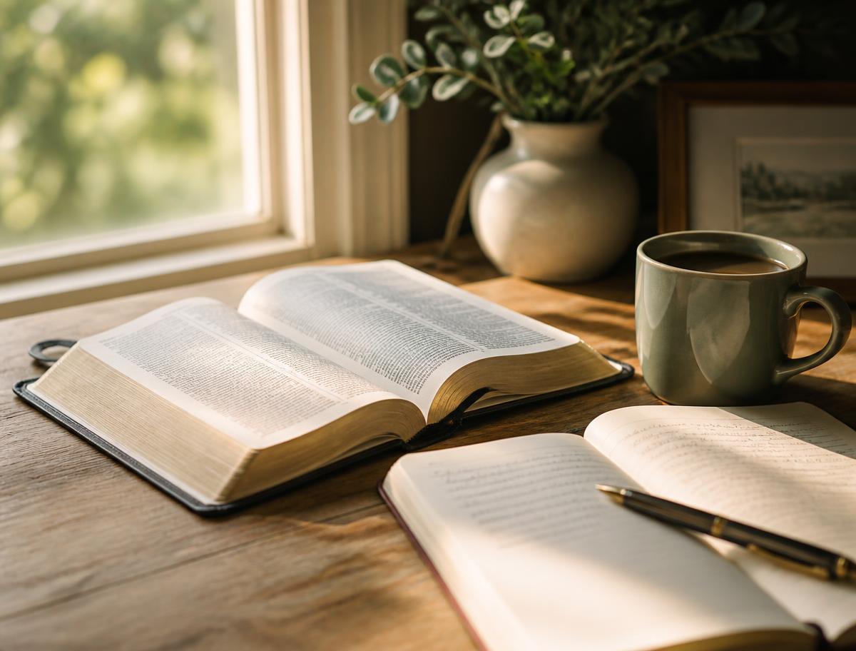 An open bible and notebook beside a mug of coffee in morning light